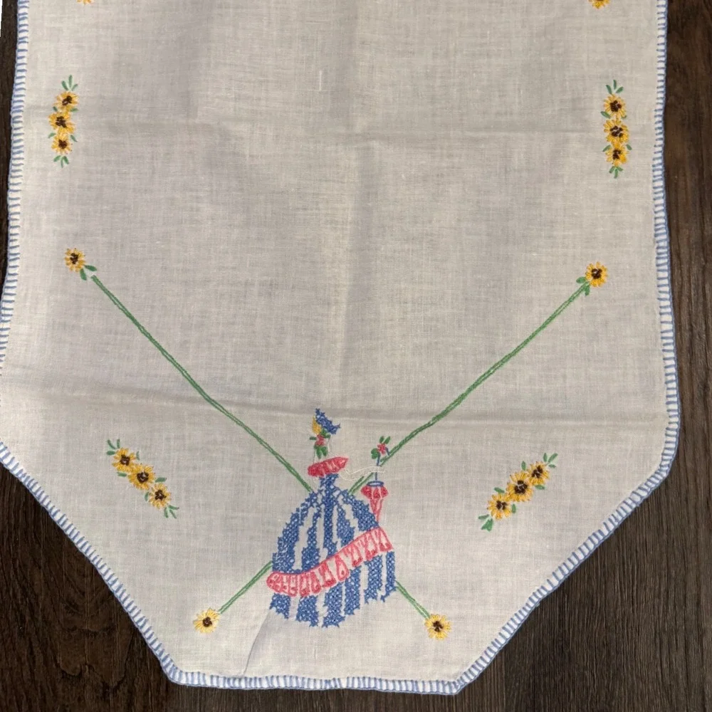 Vintage 17X34 Embroidered Table Runner Crinoline Lady Sunflower White Linen Blue